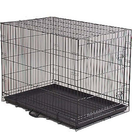 Affordable small dog crate with a durable black wire design, ideal for dogs up to 30 lbs for safe containment and travel.